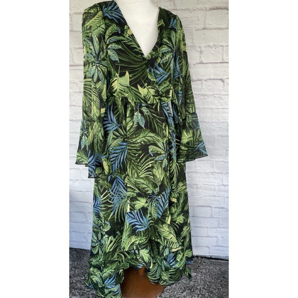 Une Ame Green Leaf Tropical Print Assymetric V-Neck Maxi Dress Size Small